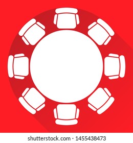 Conference meeting icon. Round table logotype. Dining room furniture top view. Abstract vector background. Round frame.