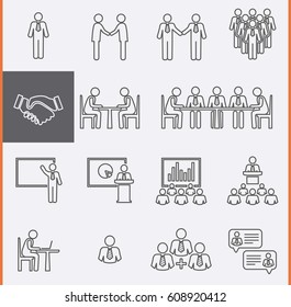 Conference Meeting Icons set. Group People Thin Icons. Team work and human resource management. Vector pictogram