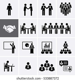 Conference Meeting Icons Set. Team Work And Human Resource Management Icons. Vector Pictogram