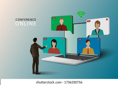 Conference meeting online concept. Live meeting on laptop. Video meeting online.Video conference landing. Live conferencing and online meeting workspace vector.