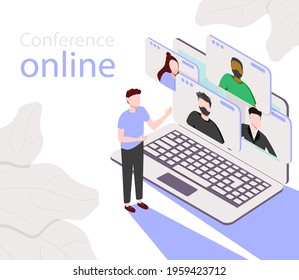 Conference meeting online concept. Live meeting on laptop. Video meeting online.Video conference landing. Live conferencing and online meeting workspace vector.