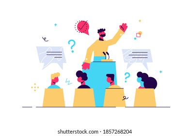 Conference Meeting With Presentation Lecture And Speech Tiny Persons Concept. Professional Seminar With Training Vector Illustration. Speaker And Audience Abstract Employee Discussion Visualization.