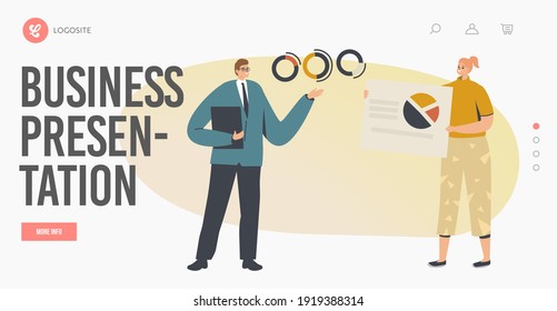 Conference Meeting, Presentation, Seminar Landing Page Template. Business Trainer Character Giving Financial Consultation Presenting Data Analysis Statistics Graphs. Cartoon People Vector Illustration