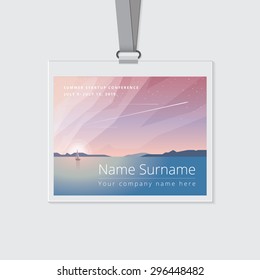 Conference Name Tag Mockup Template With Summer Theme Vector Illustration. Ocean View Landscape With Sailing Boats And Airplanes