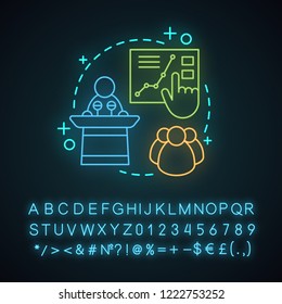Conference neon light concept icon. Presentation. Business training idea. Public speech. Glowing sign with alphabet, numbers and symbols. Vector isolated illustration