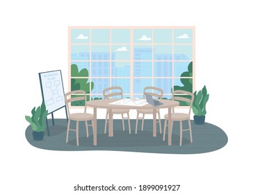 Konferenzraum 2D Vektor Web-Banner, Poster. Planung der Marketingstrategie. Arbeitsplatz-Inneneinrichtung. Sitzungszimmer-flache Szene auf Cartoon-Hintergrund. Brainstorming druckbares Pflaster, bunter Webelement