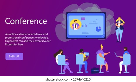 Conference and Online Courses.Freelancers Working With Computer.Education Concept.Students with Laptops,Tablets.Teacher on Huge Computer Monitor with Graduation Cap.Vector illustration