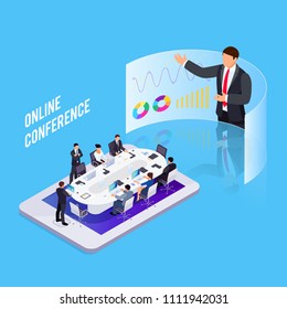 Conference online. Isometric business concept. 3d businessmen sit at a large table and listen to a report, analyze data on computers. Business meeting on the smartphone. Vector illustration.