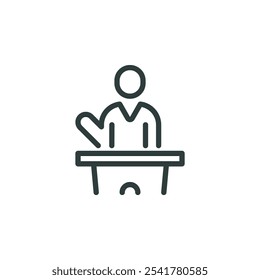 Conference, orator speech, business public meeting outline icon. Line sign man speaker behind podium. Vector isolated pictogram for web and app on white background editable stroke.