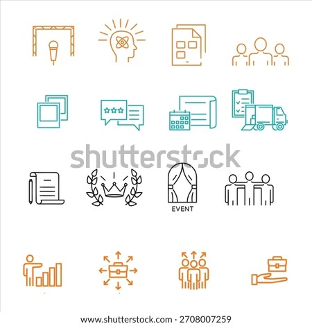 Conference organization icon set showcasing planning, communication, logistics, and teamwork, crucial for event success