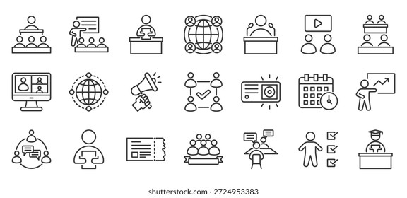 conference outline icon pack collection of conference, audience, event, seminar, professional, presentation, meeting, lecture, speaker, workshop icon