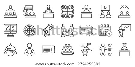 conference outline icon pack collection of conference, audience, event, seminar, professional, presentation, meeting, lecture, speaker, workshop icon