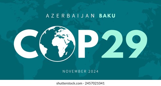 Conferencia de las Partes CMNUCC COP29. Conferencia anual de las Naciones Unidas sobre el cambio climático en noviembre de 2024 en Bakú (Azerbaiyán). Anuncio de la cumbre climática internacional. Calentamiento Global. Ilustración vectorial