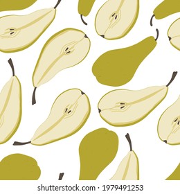 Conference pear slices minimalist healthy food vector seamless pattern. Hand-drawn vector pears on white background for graphics and design. Botanical vector design