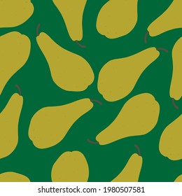 Conference pears minimalist simple vector pattern. Hand-drawn kids vector drawing. Fruits on juicy green background seamless pattern