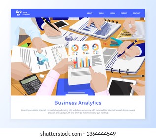 Conference of people vector, business analytics discussion, page with information and infographics, pie diagrams calculators. Charts inforcharts, website or webpage template, landing page flat style
