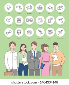 Conference of people vector, social media and links, cell phone and contact, tax and help, comment and office, envelope and seminar, meeting icons