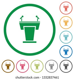 Conference podium with microphones flat color icons in round outlines on white background
