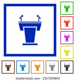 Conference podium with microphones flat color icons in square frames on white background