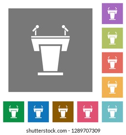 Conference podium with microphones flat icons on simple color square backgrounds