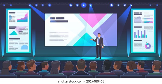 Conference or presentation of a company's product. A male speaker stands on stage and presents a new project or report. Large meeting room with spectators. Vector illustration in flat style