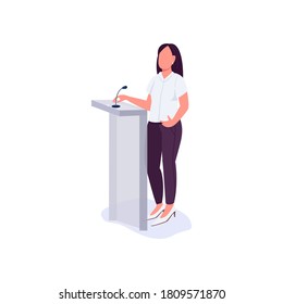 Konferenzpräsentation flach Farbe Vektorgrafik gesichtslosen Charakter. Feministin verteidigt Frauenrechte. Frauenaktivistin erklärt ihren Sichtpunkt für einzelne Cartoon-Illustration für Web-Grafik-Design und Animation