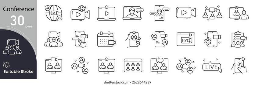 Conference related icon collections. Containing Conference, Meeting, Presentation, Speaker, Audience, Discussion, Seminar, Workshop, Panel, and Networking icons. Editable Stroke. Outline icons