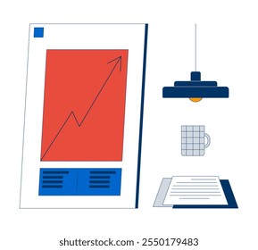 Conference room accessories 2D cartoon objects set. Presentation board, hanging lamp, cup, paperwork isolated elements flat vector cliparts on white background. Spot illustrations collection