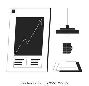 Conference room accessories black and white 2D line objects set. Presentation board, hanging lamp, cup, paperwork isolated clip arts vector outline items collection. Monochrome spot illustrations