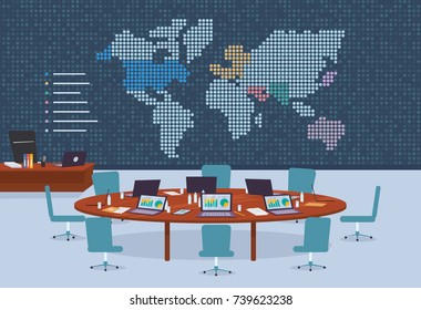 Conference room in business center with dotted world map background