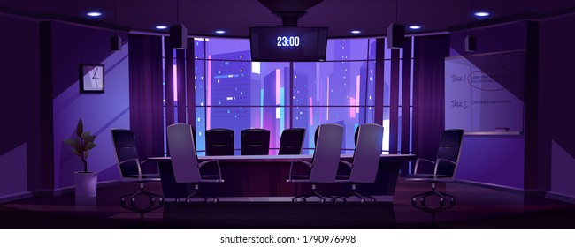 Conference Room For Business Meetings, Presentation For Team, Discussion Or Training At Night. Vector Cartoon Interior Of Empty Dark Boardroom In Company Office With Table, Chairs, Screen And Board