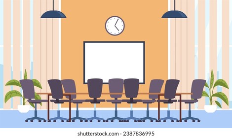 Sala de conferencias para reuniones de negocios, presentación o formación. Oficina vacía. Lugar de trabajo con mesa y sillones. El cómodo área de comunicación con el equipo. Concepto de vector aislado plano