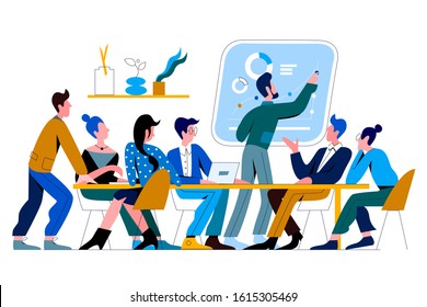 Conference room flat vector illustration. Group meeting, team discussion. Office presentation. Corporate marketing strategy explaining. Colleagues cartoon characters on pale yellow background