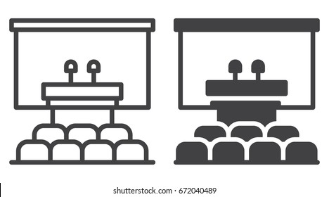 Conference room icon, line and solid version, outline and filled vector sign, linear and full pictogram isolated on white. Speaker podium symbol, logo illustration
