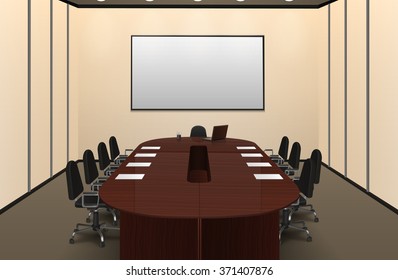 Conference Room Interior With Big Table And Screen Realistic Vector Illustration 