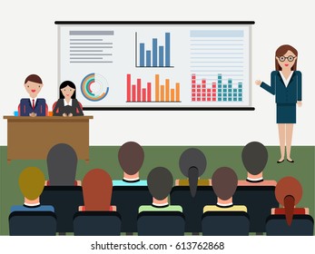 Conference room interior design in flat style. Illustration of business meeting, presentation of project.