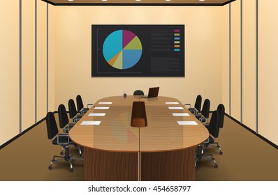 Conference room interior realistic design with chart on the screen vector illustration 