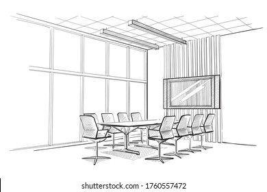 Conference room interior with a screen.