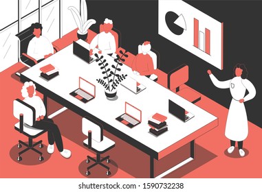 Conference room isometric composition with human characters of office workers at meeting with laptops and furniture vector illustration