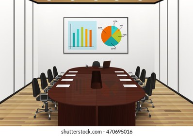 Conference room light interior realistic design with statistics on the screen vector illustration 