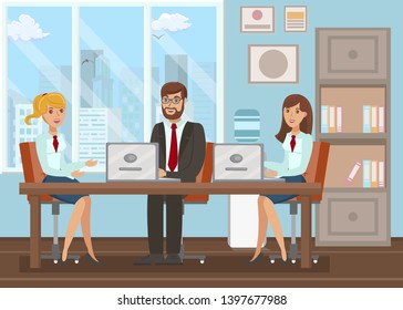 Conference Room Meeting Flat Vector Illustration. Cheerful Businessman and Secretary Cartoon Characters. Job Interview, Corporate Cooperation. Colleagues Discussing Business Development Strategy