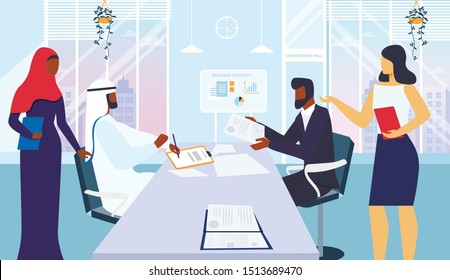 Conference Room Meeting Flat Vector Illustration. Businessmen and Personal Assistants Cartoon Characters. Business Development Strategy Discussion. Partnership Contract, Legal Papers Signing