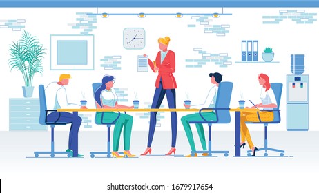 Conference Room Meeting Flat Vector Illustration. Business Partners, Company Executive And Office Managers Faceless Characters. Report, Summarizing Work, Familiarization With Requirements Concept