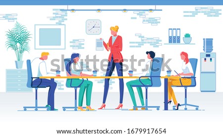 Conference Room Meeting Flat Vector Illustration. Business Partners, Company Executive and Office Managers Faceless Characters. Report, Summarizing Work, Familiarization with Requirements Concept