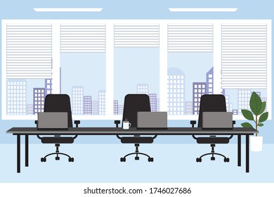 
Conference room, meeting. A table and chairs against the background of windows. City background. Vector illustration