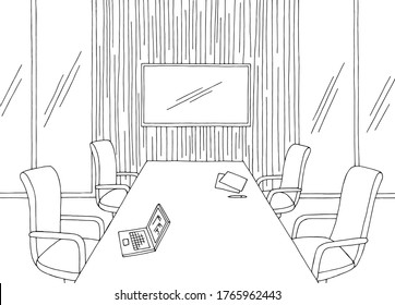 Conference room office garden interior graphic black white sketch illustration vector