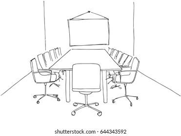 Conference Room In A Sketch Style. Hand Drawn Office Desk, Office Chair. Vector Illustration.