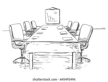 Conference Room In A Sketch Style. Hand Drawn Office Desk, Office Chair. Vector Illustration.