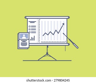 Conference room smart board with upward financial graph on it. Green background. Vector illustration in flat design. Concept of conference, business growth, teamwork, presenting financial results