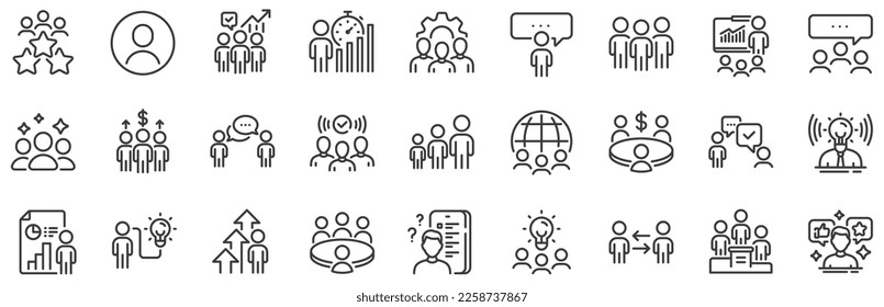 Conference, seminar, classroom. Meeting line icons. Team, work and business idea icons. Discussion, classroom job, people management. Presentation, office meeting, consultation. Vector